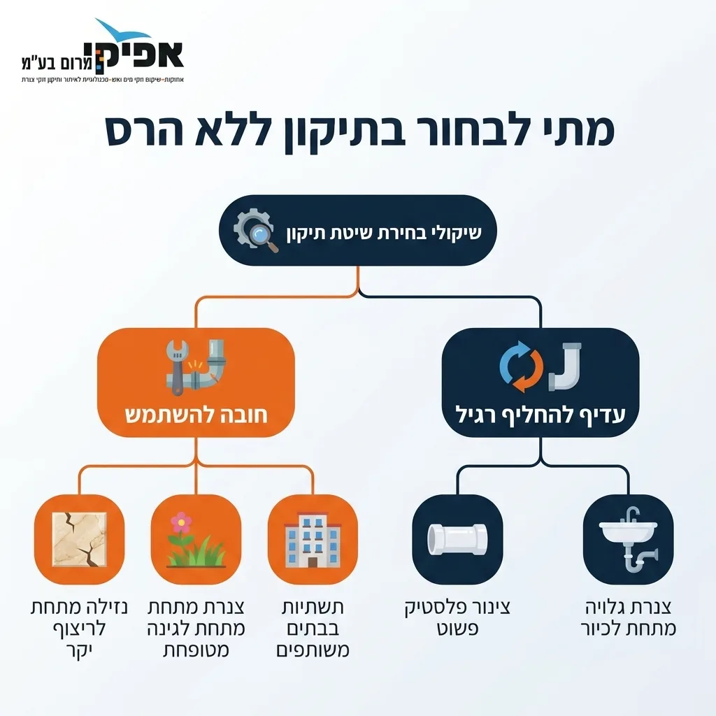 אינפוגרפיקה — מתי לבחור בתיקון ללא הרס: שיקולי בחירת שיטת תיקון