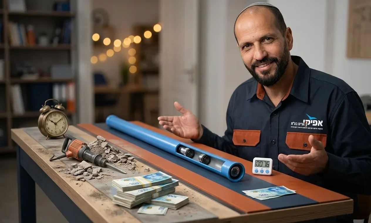 איור של שני מסלולים: מסלול 'מסורתי' עם אייקונים של פטיש, אבק, שטרות כסף רבים וזמן ארוך. ומסלול 'ללא הרס' עם אייקון של צינור נ