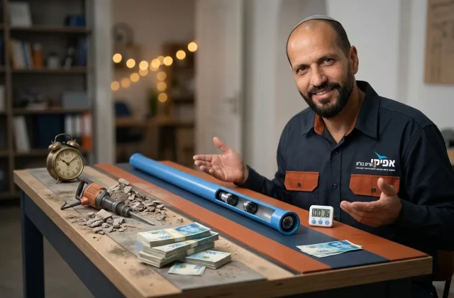 איור של שני מסלולים: מסלול 'מסורתי' עם אייקונים של פטיש, אבק, שטרות כסף רבים וזמן ארוך. ומסלול 'ללא הרס' עם אייקון של צינור נ