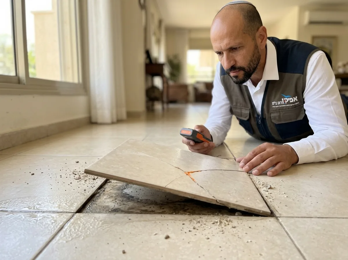 צילום מציאותי של רצפת קרמיקה יפה ובהירה, כאשר מרצפת אחת מתרוממת מעט וסביבה הרובה סדוקה, מתחתיה ניתן לראות רטיבות כהה ומדאיגה, תאורה טבעית המדגישה את הצל והלחות