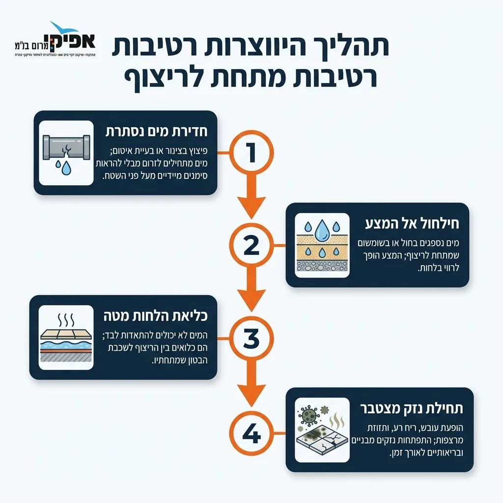 אינפוגרפיקה — תהליך היווצרות רטיבות מתחת לריצוף: חדירת מים נסתרת, חילחול אל המצע, כליאת הלחות מטה, תחילת נזק מצטבר