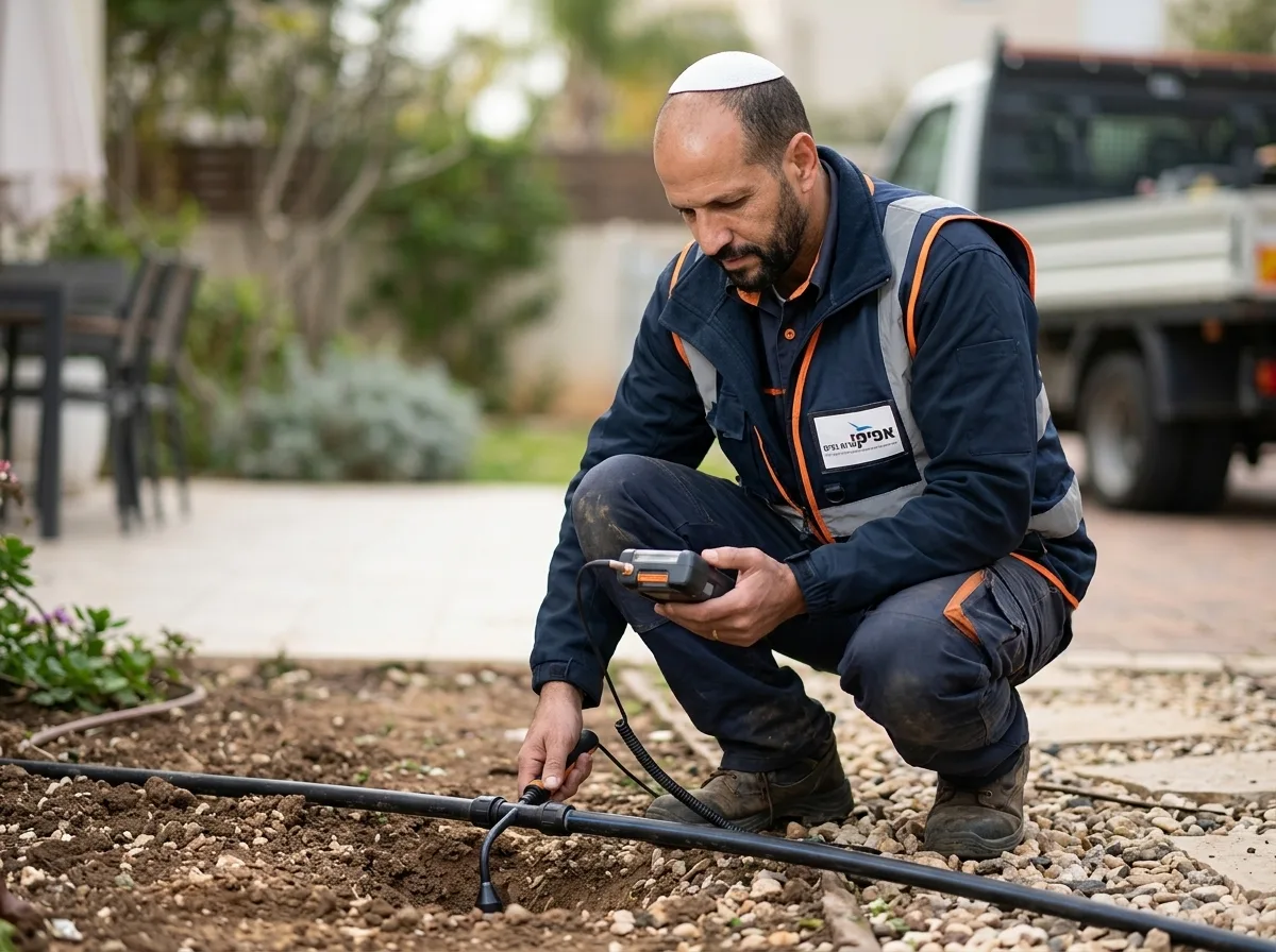 צילום ריאליסטי של איש מקצוע בסביבת חצר בית פרטי, בודק צנרת מים באדמה עם מכשיר חיישן גז, אור יום טבעי, צבעים חיים