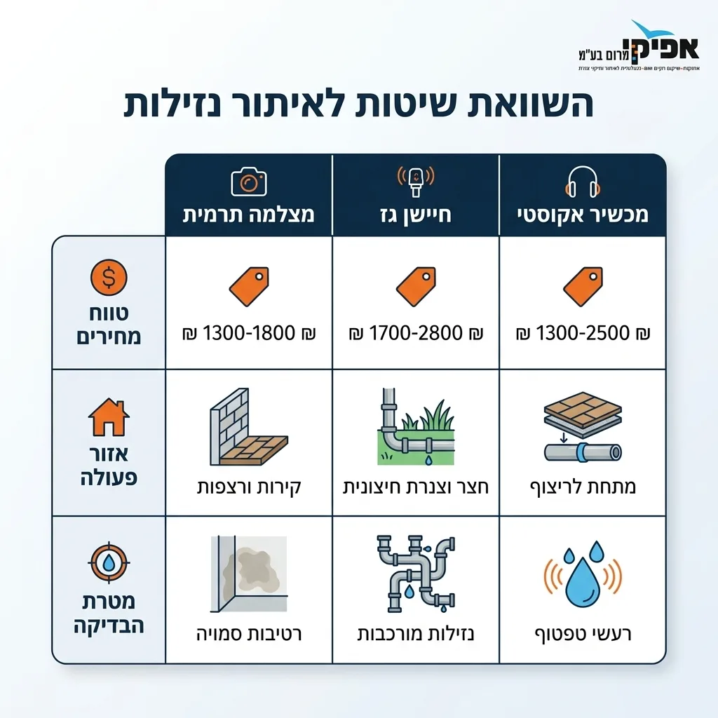 אינפוגרפיקה — השוואת שיטות לאיתור נזילות: השוואה בין מצלמה תרמית, חיישן גז, מכשיר אקוסטי