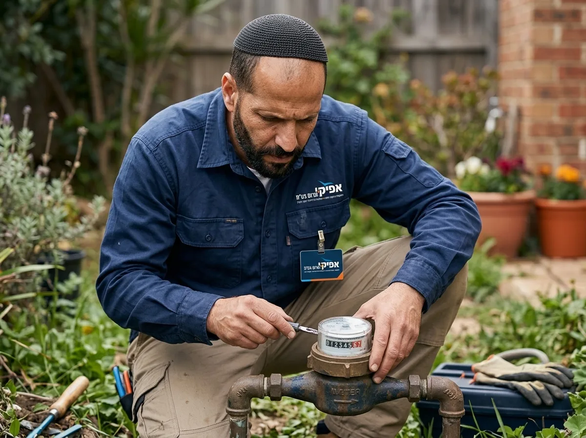 צילום ריאליסטי של גבר ישראלי חובש כיפה סרוגה ובגדי עבודה, כורע ברך ליד שעון מים מברזל בחצר ובוחן אותו במבט מרוכז, תאורת יום טבעית וברורה, רואים בבירור את המספרים על השעון