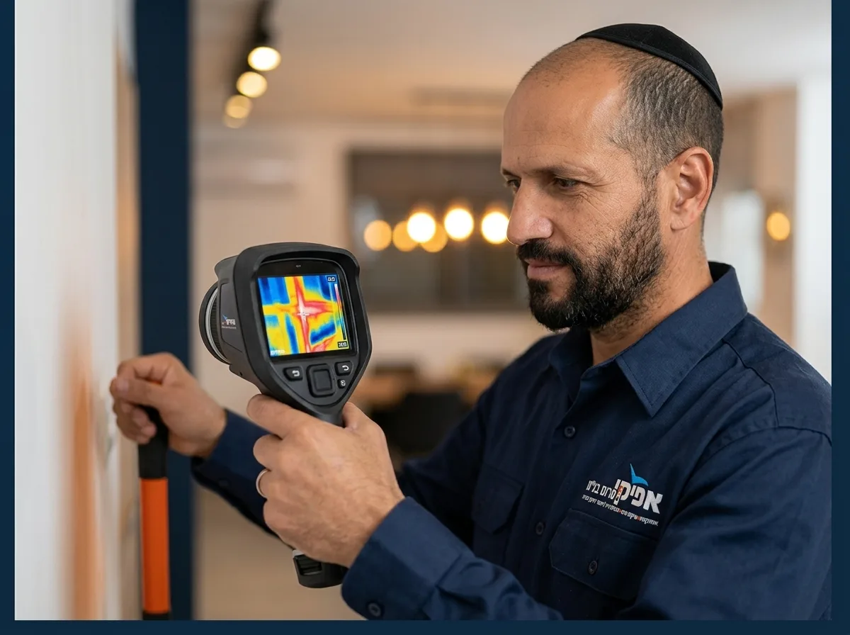 צילום ריאליסטי של איש מקצוע בתחום האינסטלציה, חובש כיפה, לובש חולצת עבודה פשוטה של בעל מקצוע (לא חליפה), עומד בתוך בית ומכוון מצלמה תרמית אל הקיר, ניתן לראות את המסך של המצלמה מציג צבעי חום וקור, פוקוס חד על המצלמה והאדם