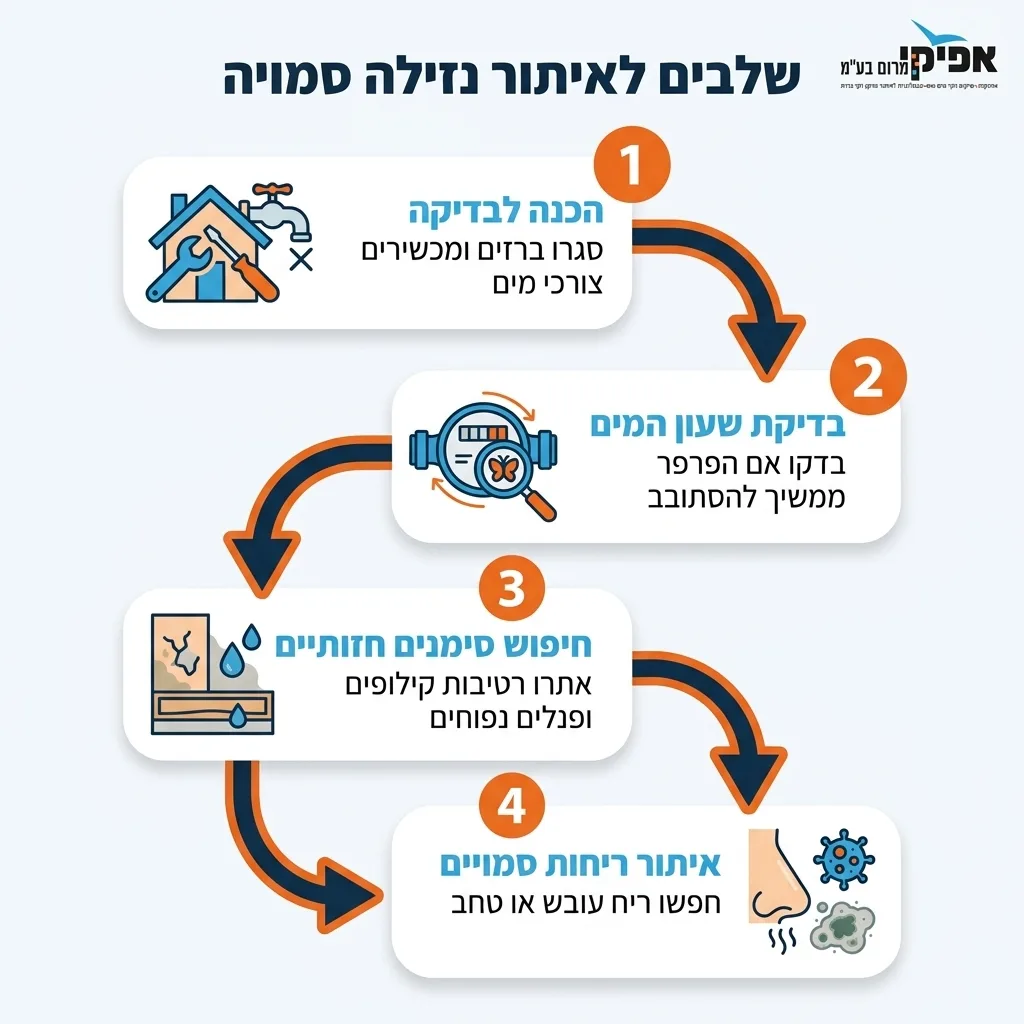 אינפוגרפיקה — שלבים לאיתור נזילה סמויה: הכנה לבדיקה, בדיקת שעון המים, חיפוש סימנים חזותיים, איתור ריחות סמויים