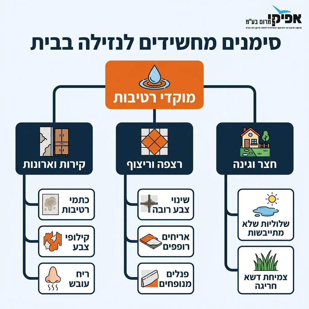 אינפוגרפיקה — סימנים מחשידים לנזילה בבית: מוקדי רטיבות
