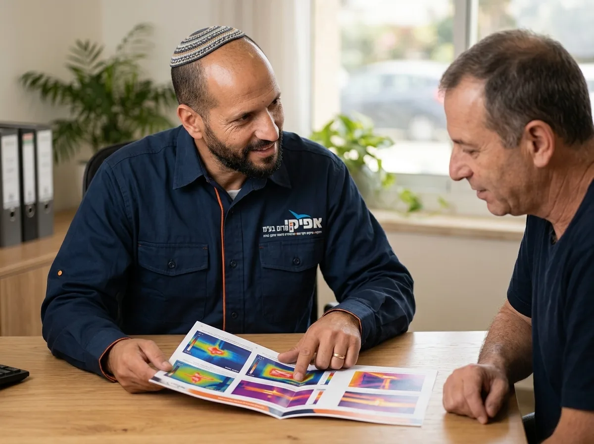 צילום מציאותי של מאתר נזילות עם כיפה גדולה על ראשו, לובש חולצת עבודה של בעל מקצוע (לא חליפה), יושב ליד שולחן מול לקוח ומסביר לו באדיבות על דוח מודפס עם תמונות צבעוניות של מצלמה תרמית, אווירה אמינה.