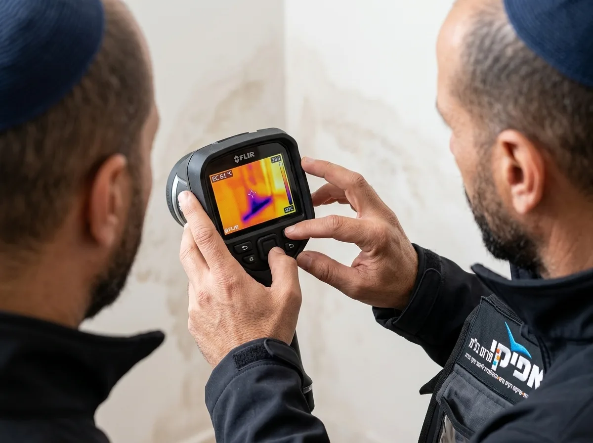 צילום תקריב פוטו-ריאליסטי של ידיים של איש מקצוע עובדות עם צג של מצלמה תרמית ליד קיר עם סימני רטיבות קלים, תאורה בהירה וברורה, רואים שמדובר בציוד מתקדם.