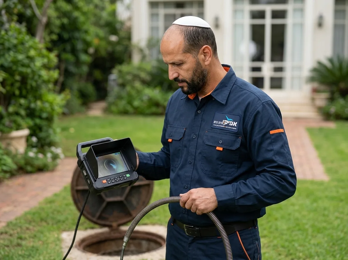 צילום ריאליסטי של איש מקצוע בתחום האינסטלציה, חובש כיפה, לובש בגדי עבודה מעשיים, עומד בחצר ירוקה ליד פתח ביוב, מסתכל בריכוז על מסך צבעוני של מצלמת צנרת שמציגה פנים של צינור, תאורת יום טבעית וברורה.