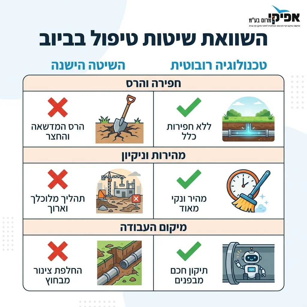 אינפוגרפיקה — השוואת שיטות טיפול בביוב: השוואה בין השיטה הישנה, טכנולוגיה רובוטית