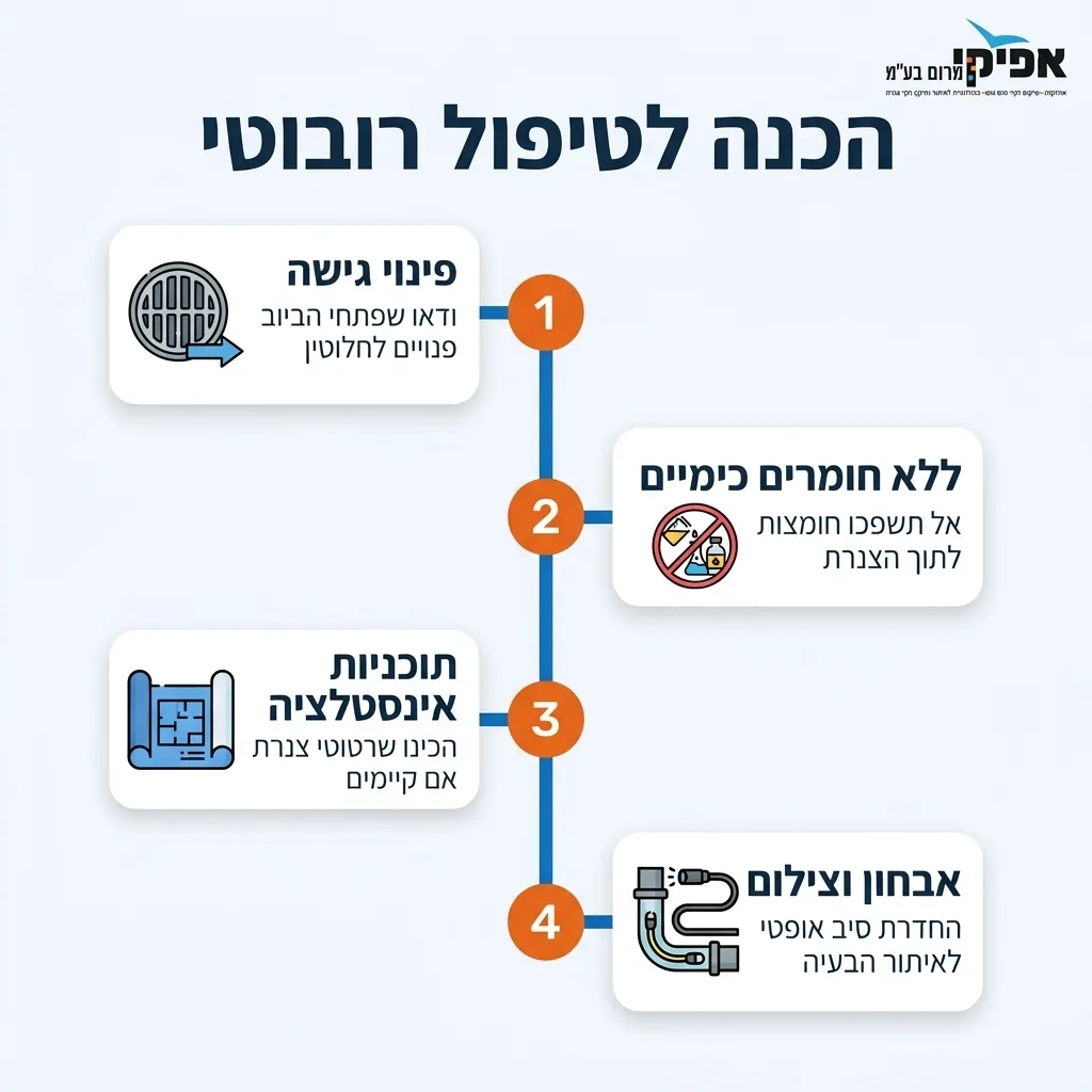 אינפוגרפיקה — הכנה לטיפול רובוטי: פינוי גישה, ללא חומרים כימיים, תוכניות אינסטלציה, אבחון וצילום