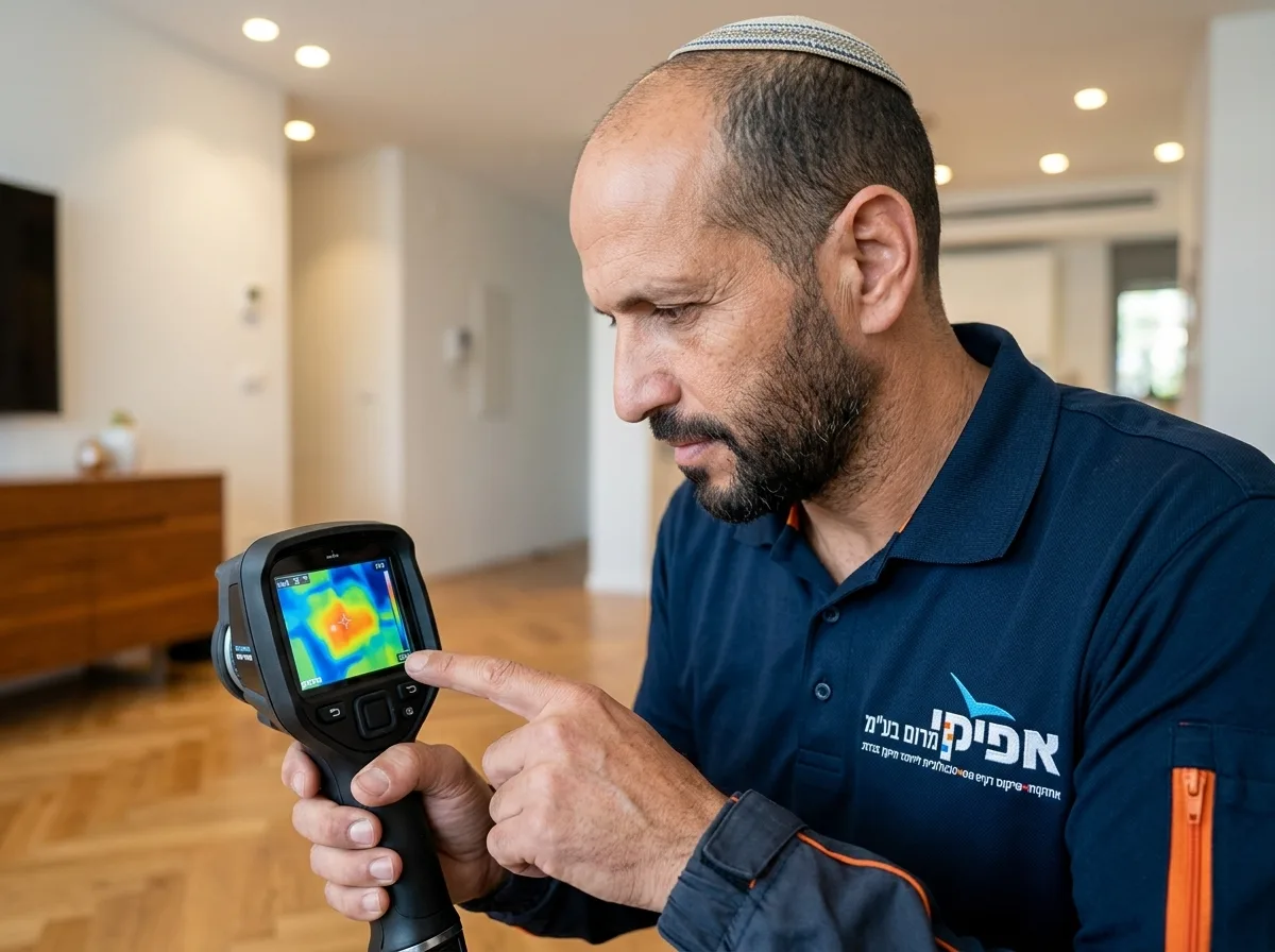 צילום תקריב פוטו-ריאליסטי של איש מקצוע עם כיפה על כל הראש בוחן רצפת פרקט באמצעות מצלמה תרמית דיגיטלית, המסך מואר ומראה כתם צבעוני, הבית נקי ומסודר, תאורה חמימה.