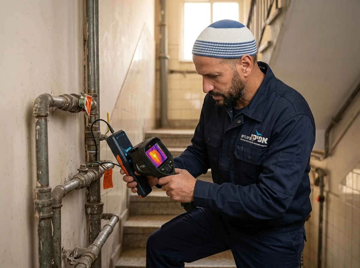 צילום ריאליסטי של מאתר נזילות מקצועי עם כיפה גדולה על כל הראש, לובש בגדי עבודה, בודק צנרת ישנה בחדר מדרגות של בניין תל אביבי אופייני, תאורה טבעית מבחוץ, פוקוס על המכשיר בידו.