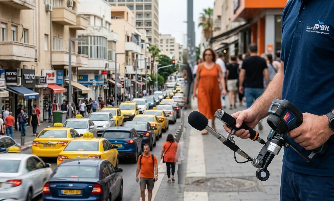 קולאז' המשלב צילום של רחוב תל-אביבי סואן עם תמונה של ציוד איתור נזילות מתקדם.