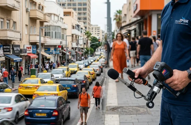 קולאז' המשלב צילום של רחוב תל-אביבי סואן עם תמונה של ציוד איתור נזילות מתקדם.
