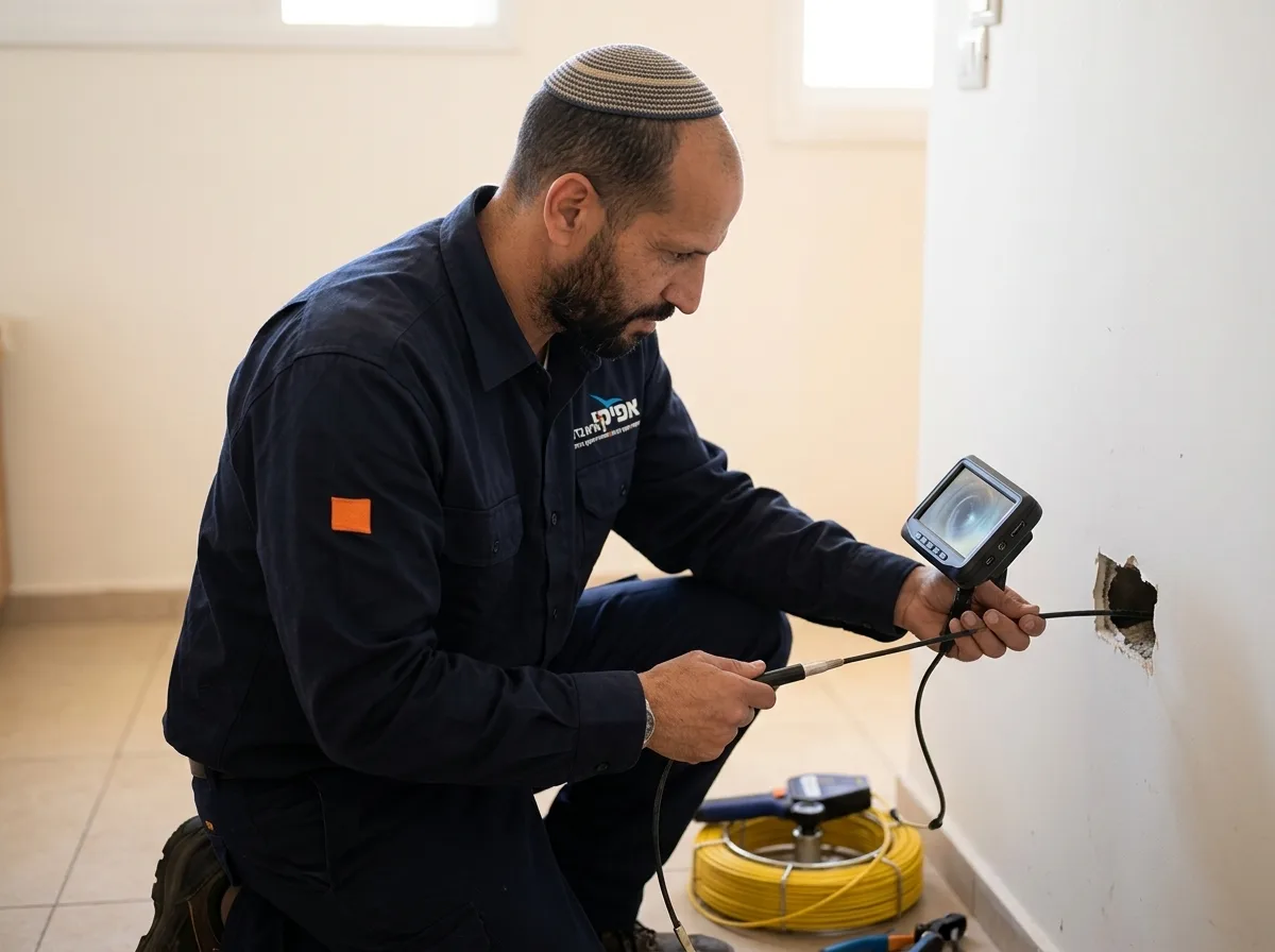צילום מקצועי של אינסטלטור מומחה עם כיפה מלאה לראשו, לבוש בחולצת עבודה פשוטה של בעלי מקצוע, מחדיר סיב אופטי של מצלמה לתוך פתח צנרת בקיר, מביט במסך קטן, תאורת פנים ריאליסטית ונקייה