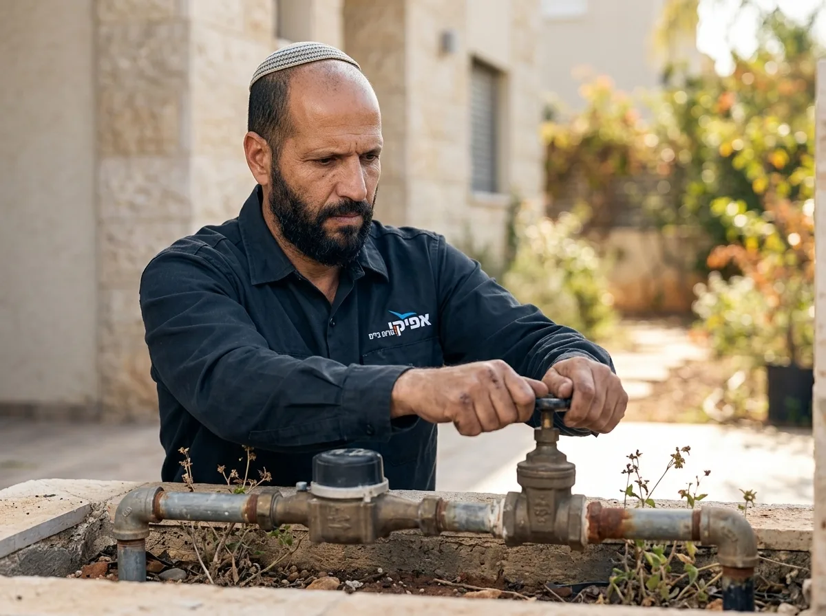 צילום פוטו-ריאליסטי של בעל מקצוע ישראלי בתחום האינסטלציה, חובש כיפה גדולה על כל הראש, לבוש בחולצת עבודה רגילה בצבע כהה (לא חליפה), סוגר בידיו ברז שיבר מים ראשי ליד מד מים מחוץ לבית, תאורת יום טבעית, מבט ממוקד ורציני