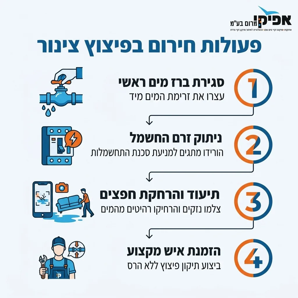 אינפוגרפיקה — פעולות חירום בפיצוץ צינור: סגירת ברז מים ראשי, ניתוק זרם החשמל, תיעוד והרחקת חפצים, הזמנת איש מקצוע