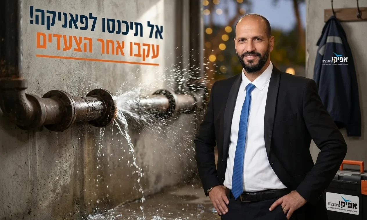 תמונה דרמטית של מים פורצים מצינור בקיר, עם כיתוב גדול 'אל תיכנסו לפאניקה! עקבו אחר הצעדים'.