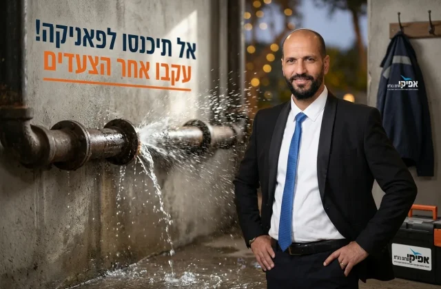 תמונה דרמטית של מים פורצים מצינור בקיר, עם כיתוב גדול 'אל תיכנסו לפאניקה! עקבו אחר הצעדים'.