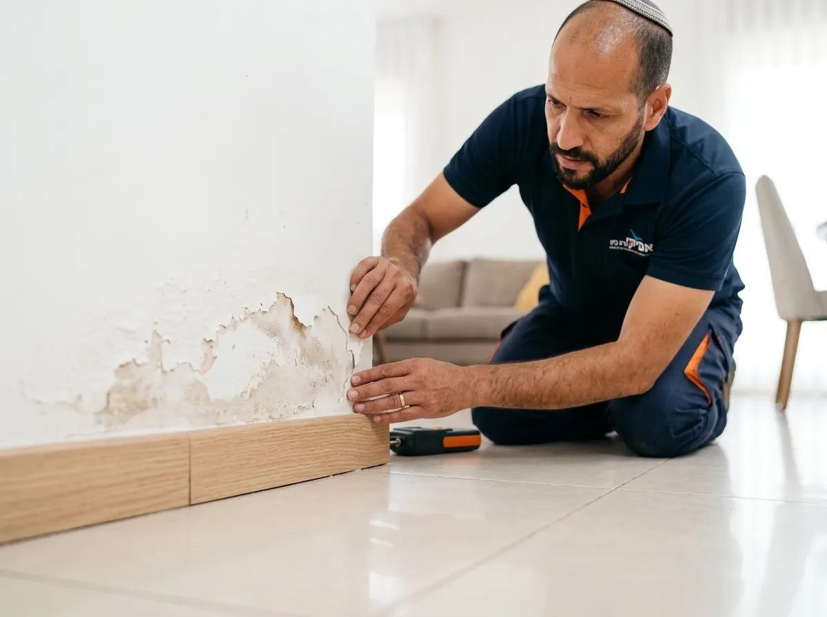 צילום ריאליסטי בגובה הרצפה, המראה קילופי צבע ונפיחות בקיר לבן ממש מעל פאנלים מעץ, רצפת אריחים בהירה ומוארת, ממחיש רטיבות קפילארית