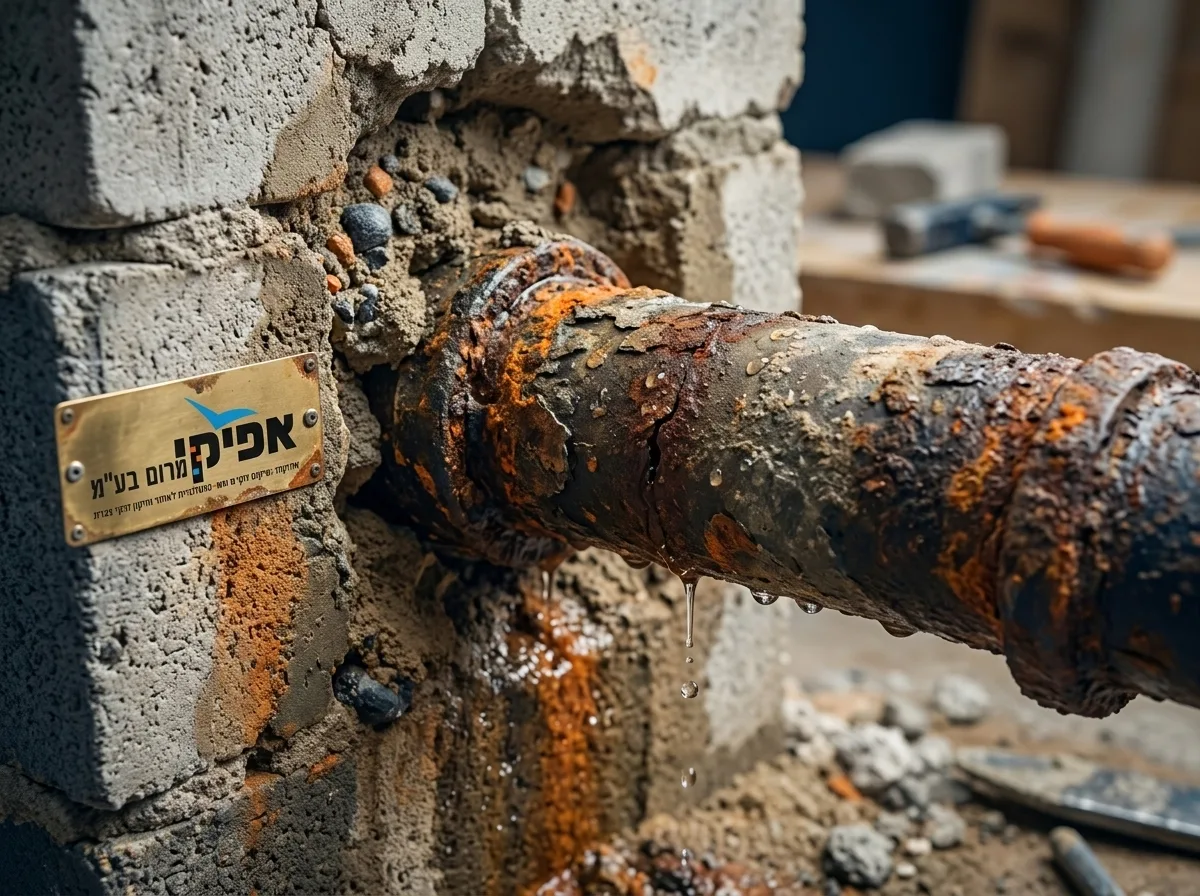 צילום תקריב פוטו-ריאליסטי של צינור מתכת ישן בתוך קיר בלוקים פתוח חלקית, ממחיש קורוזיה וטיפות מים המחלחלות לחול ולמלט שסביבו