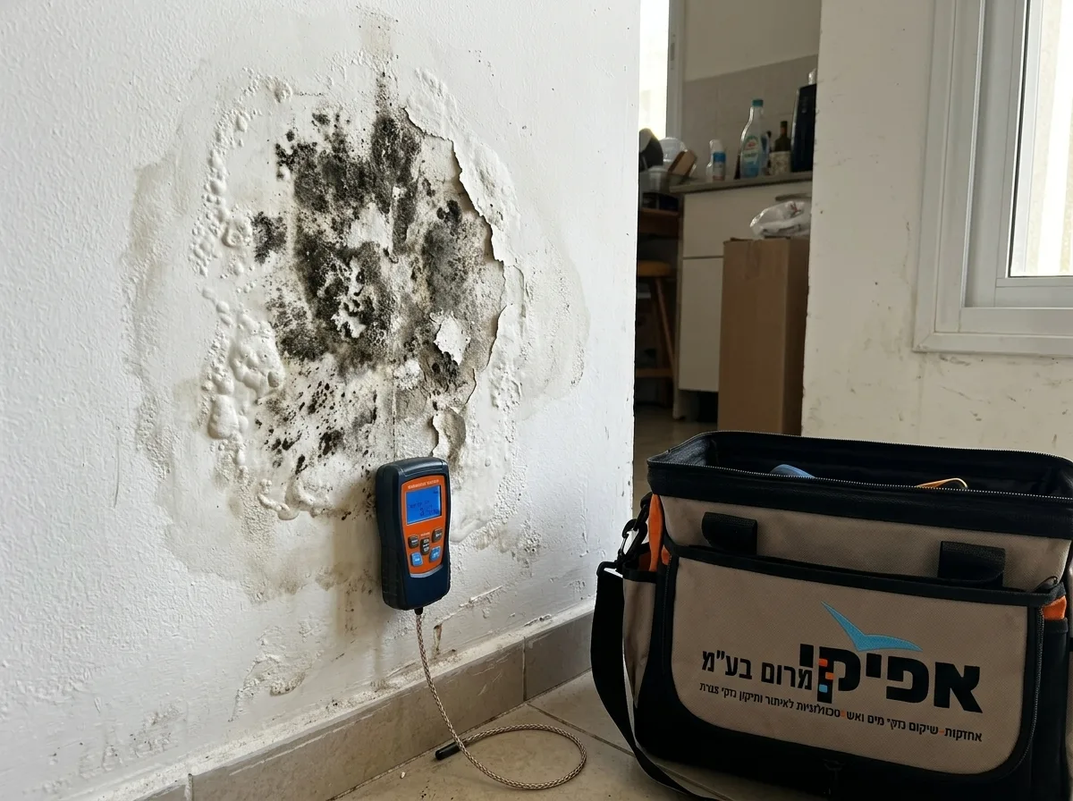 צילום ריאליסטי של בני זוג צעירים יושבים בסלון מול מחשב נייד, לצידם מאתר נזילות עם כיפה גדולה וחולצת עבודה רגילה מצביע על המסך ומסביר להם על דוח הבדיקה והצילומים, אווירה נינוחה ומקצועית