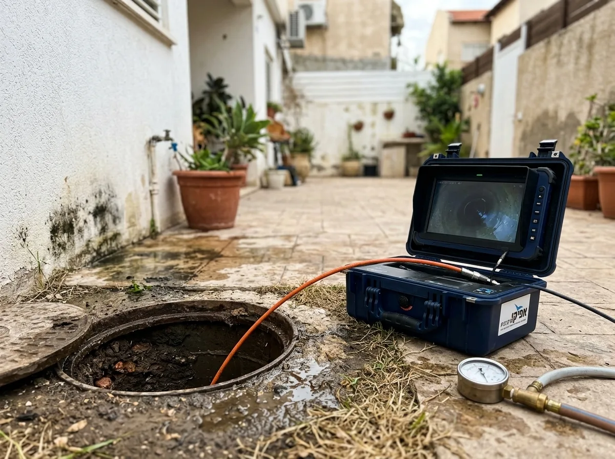 צילום ריאליסטי של מאתר נזילות במראה ישראלי, לובש חולצת עבודה כחולה ועל ראשו כיפה גדולה המכסה את כל הראש, מחזיק מצלמת דחיף אופטית מול פתח ביוב פתוח בחצר בית פרטי, תאורת יום טבעית
