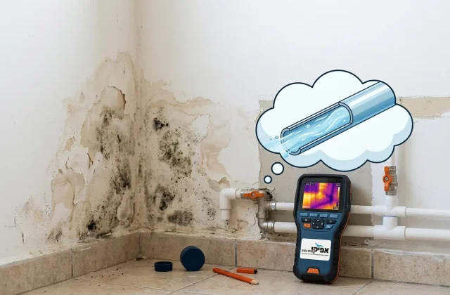תמונה של זוג שמח עם מפתחות לדירה חדשה, כשבבועת מחשבה מעל ראשם רואים תמונה מתוך צילום צנרת של צינור נקי וזורם.