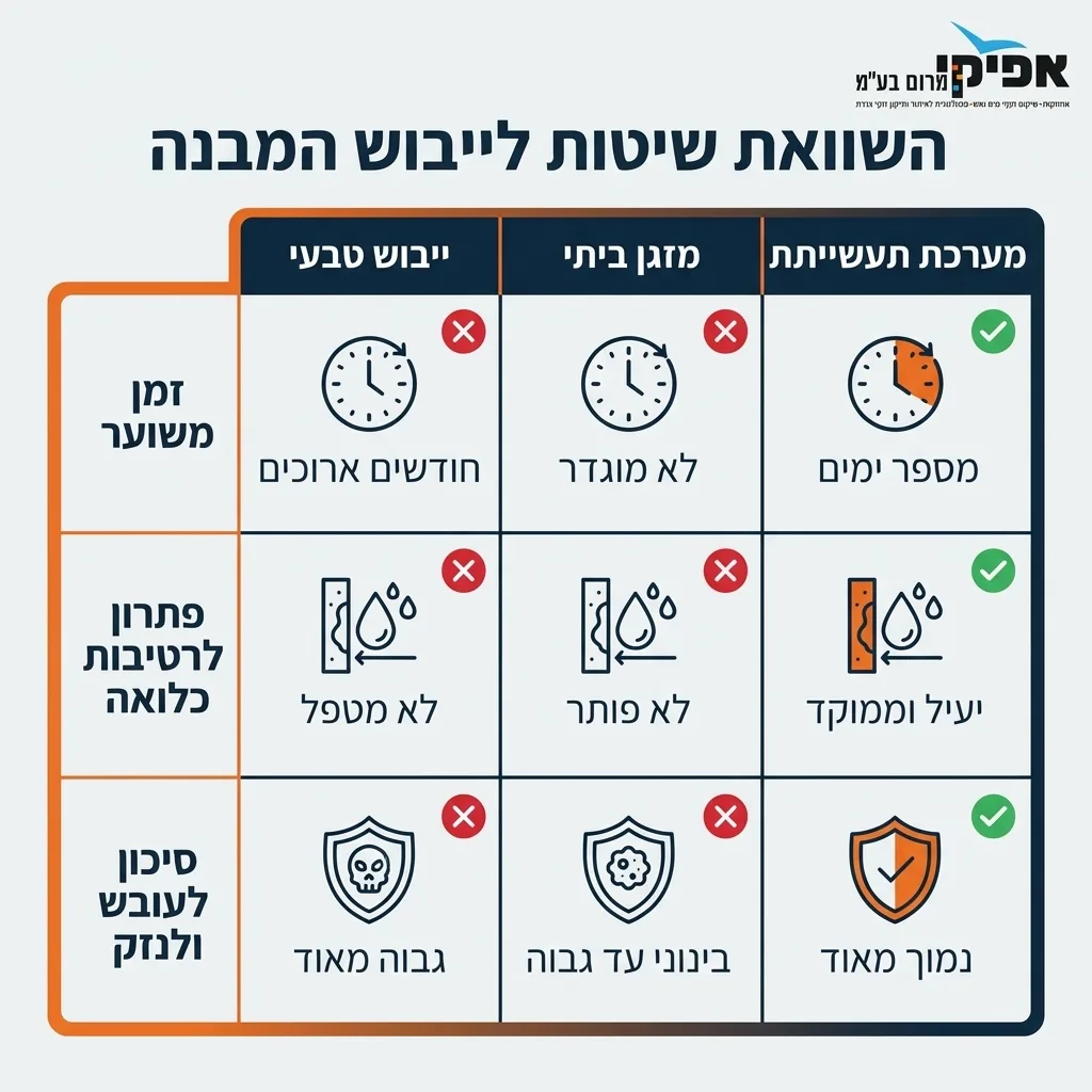 אינפוגרפיקה — השוואת שיטות לייבוש המבנה: השוואה בין ייבוש טבעי, מזגן ביתי, מערכת תעשייתית