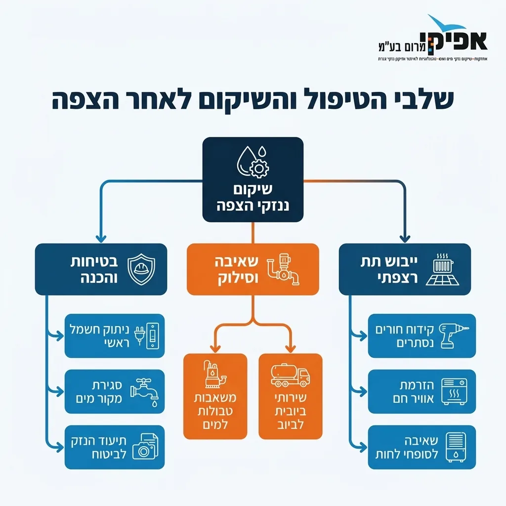אינפוגרפיקה — שלבי הטיפול והשיקום לאחר הצפה: שיקום נזקי הצפה