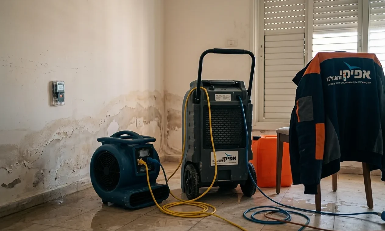 צילום של חדר לאחר הצפה, עם סימני מים על הקירות, וציוד ייבוש מקצועי (יבשנים, מפוחים) פועל במקום.