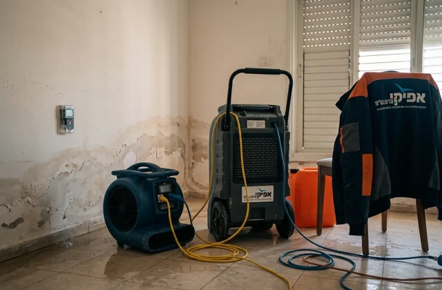 צילום של חדר לאחר הצפה, עם סימני מים על הקירות, וציוד ייבוש מקצועי (יבשנים, מפוחים) פועל במקום.