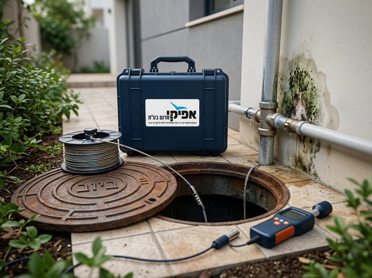 צילום מקצועי וריאליסטי של שלומי עטון, גבר עם כיפה גדולה המכסה את רוב הראש, לבוש בבגדי עבודה מסודרים של חברת אינסטלציה, עומד ליד שוחת ביוב פתוחה בחצר ומכניס כבל עם סיב אופטי פנימה, תאורת יום טבעית ופוקוס חד.