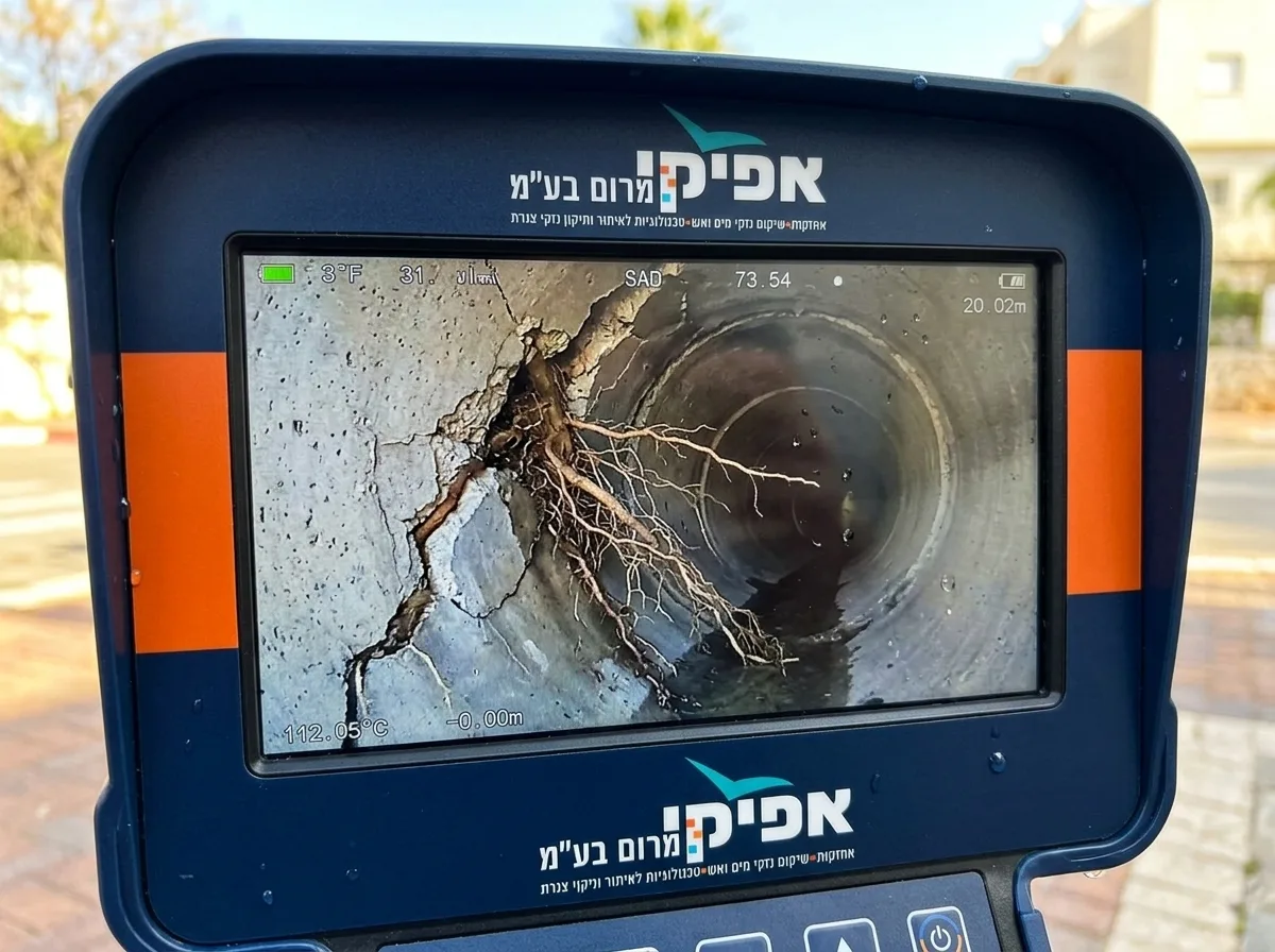 צילום תקריב של מסך בקרה של מצלמת דחיפה לצנרת. על המסך רואים בבירור פנים של צינור ביוב עשוי בטון עם חדירת שורשים. התמונה חדה ומשדרת טכנולוגיה מתקדמת.