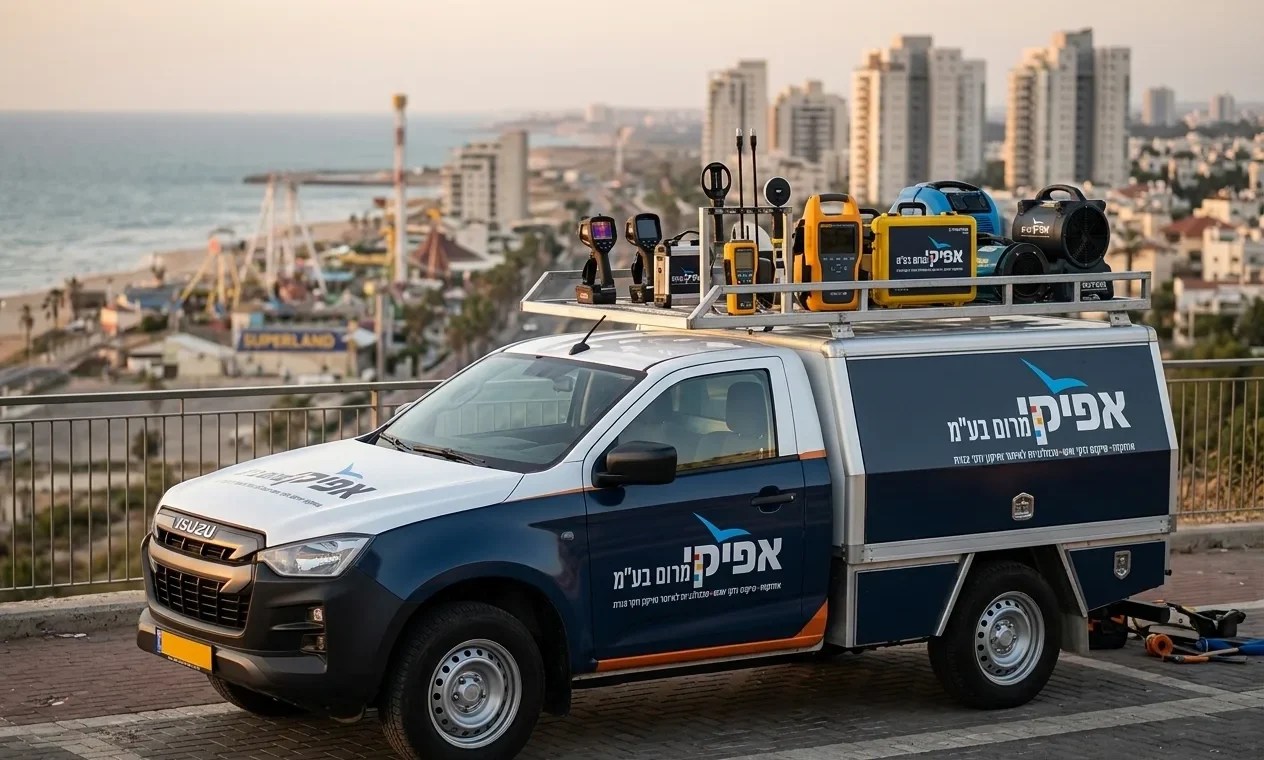 תמונה של רכב השירות של 'אפיקי מרום' חונה על רקע נוף מזוהה בראשון לציון.