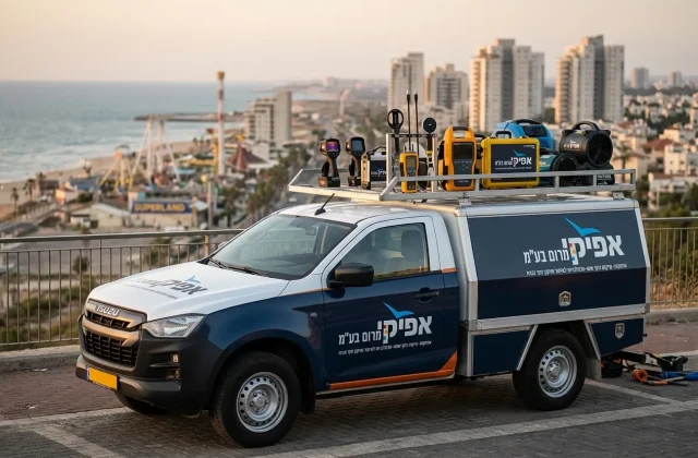 תמונה של רכב השירות של 'אפיקי מרום' חונה על רקע נוף מזוהה בראשון לציון.