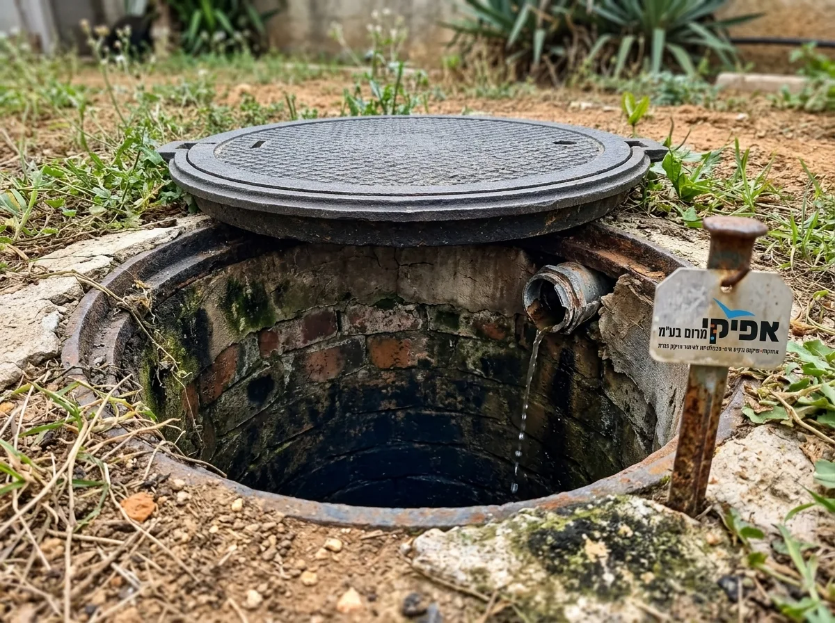 צילום ריאליסטי של גבר ישראלי עם כיפה גדולה לראשו, לבוש בבגדי עבודה פשוטים, מתכופף ובוחן במקצועיות פתח של שוחת ביוב בחצר, תאורת יום טבעית, פוקוס חד.