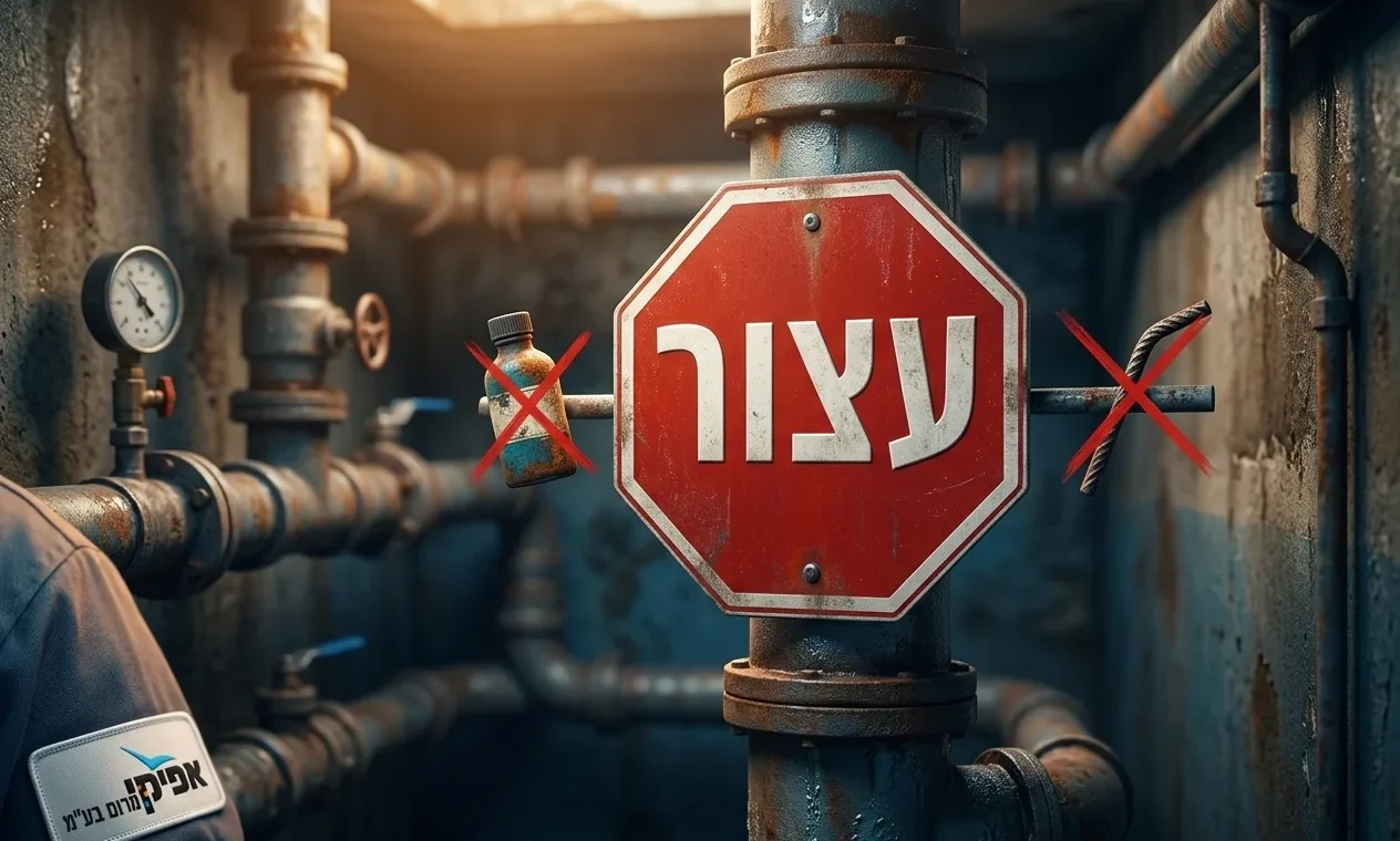 איור של סימן 'עצור' גדול על רקע צינור ביוב, כשמסביב אייקונים של טעויות נפוצות (בקבוק כימיקלים, מוט ברזל) עם סימן X אדום עליהם