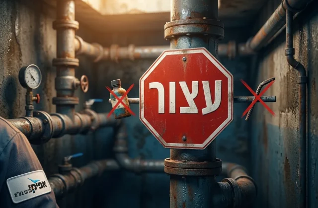 איור של סימן 'עצור' גדול על רקע צינור ביוב, כשמסביב אייקונים של טעויות נפוצות (בקבוק כימיקלים, מוט ברזל) עם סימן X אדום עליהם