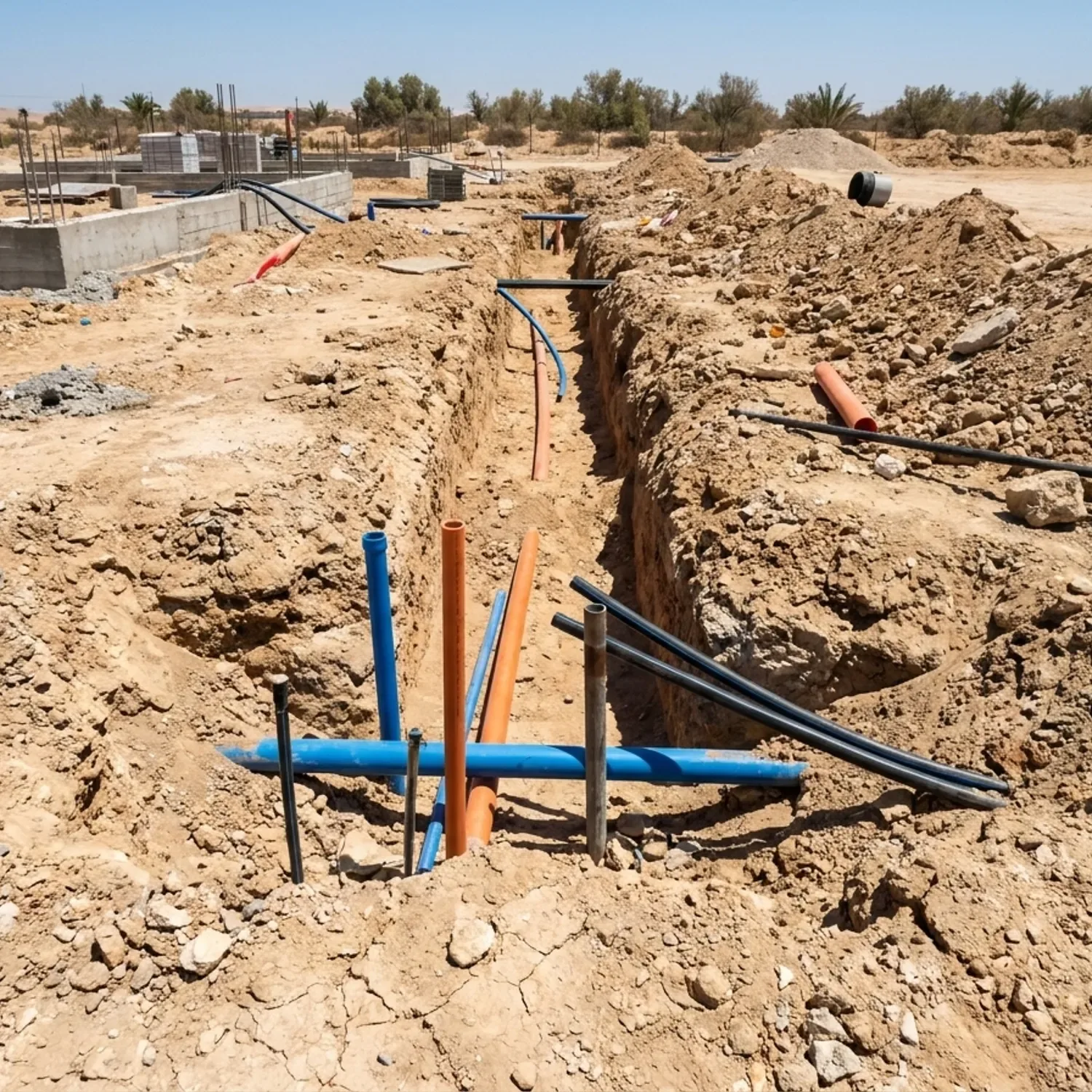 צילום ריאליסטי של תעלת עפר פתוחה באתר בנייה בישראל, בתוכה נראים צינורות צבעוניים שונים של מים ותקשורת מבצבצים מהאדמה, תאורת שמש ישירה, צילום בגובה העיניים