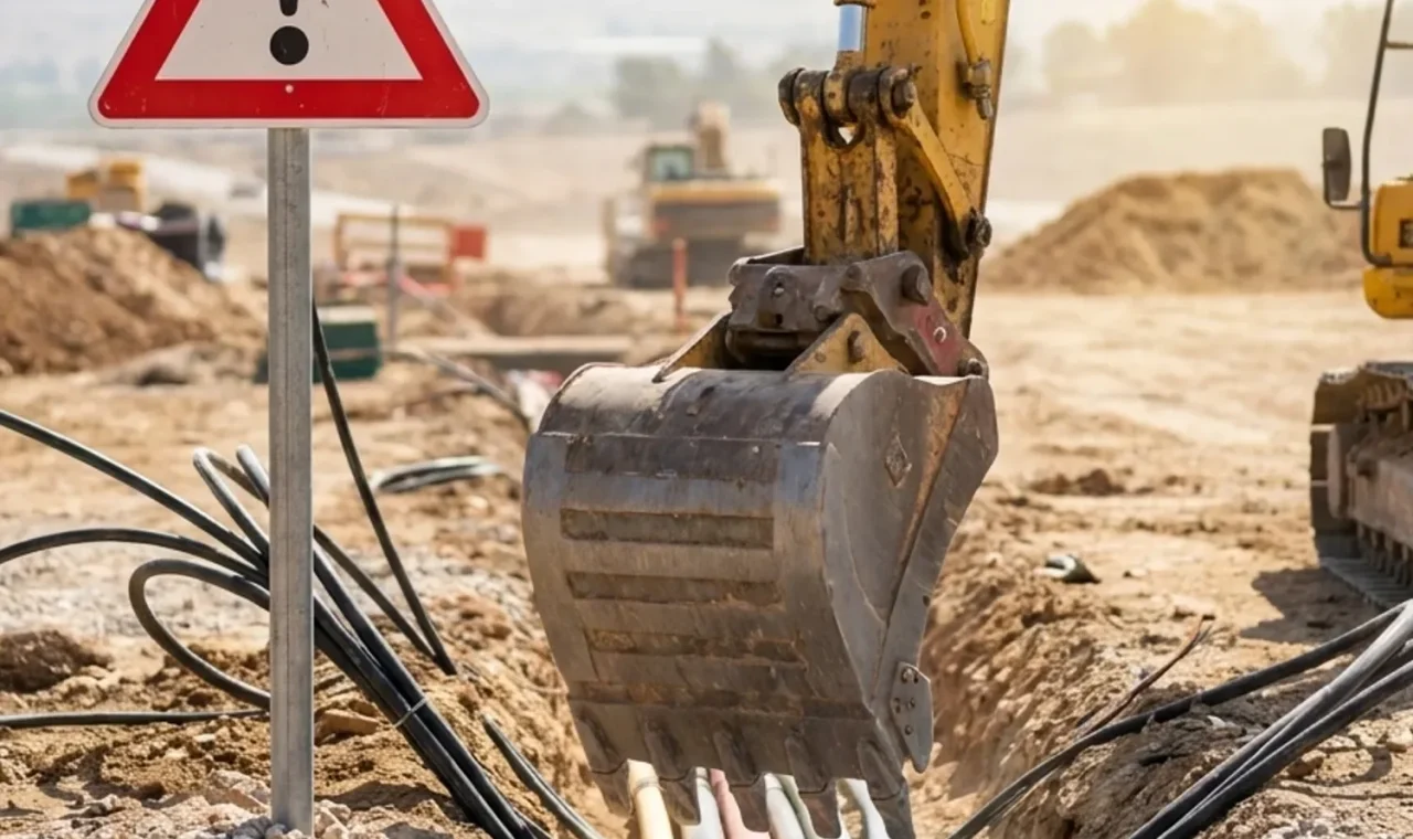 איור של מחפר שעומד לפגוע בצרור של צינורות וכבלים תת-קרקעיים, כשמעליו סימן אזהרה גדול.