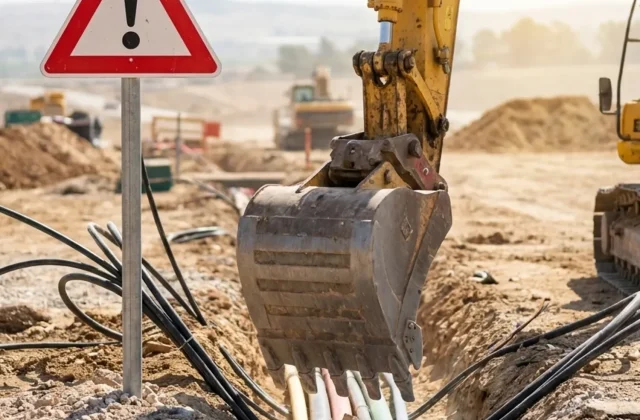איור של מחפר שעומד לפגוע בצרור של צינורות וכבלים תת-קרקעיים, כשמעליו סימן אזהרה גדול.