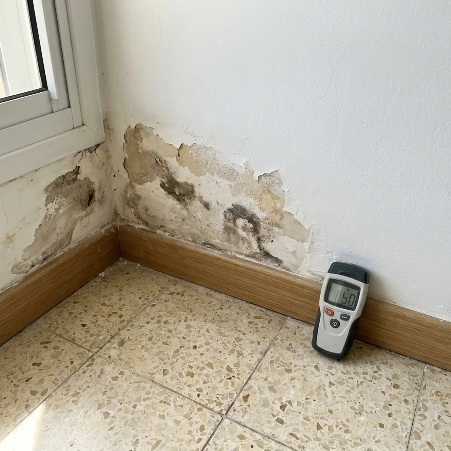 צילום מציאותי של מאתר נזילות ישראלי חובש כיפה על כל הראש ולבוש בבגדי עבודה נוחים ללא לוגו, כורע בסלון של דירה ישראלית מוארת באור יום טבעי. ביד אחת הוא מחזיק מצלמה תרמית מקצועית המכוונת אל החיבור שבין הרצפה לקיר מעל הפנלים, שם נראים סימני קילוף קלים בטיח. זווית צילום מגובה העיניים, פוקוס חד על המסך והקיר