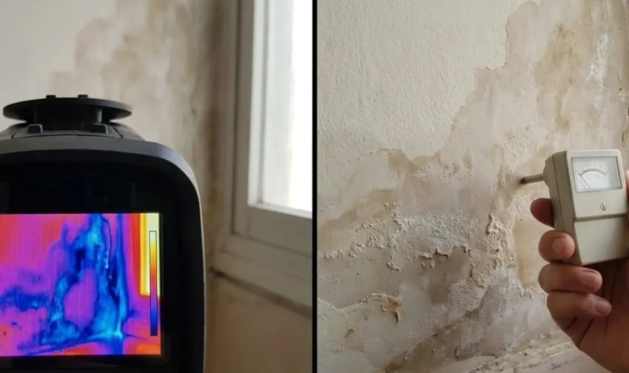 צילום מפוצל. צד ימין: יד המחזיקה מד לחות פשוט על קיר. צד שמאל: טכנאי עם מצלמה תרמית המכוונת לאותו קיר, ומראה את התמונה התרמית
