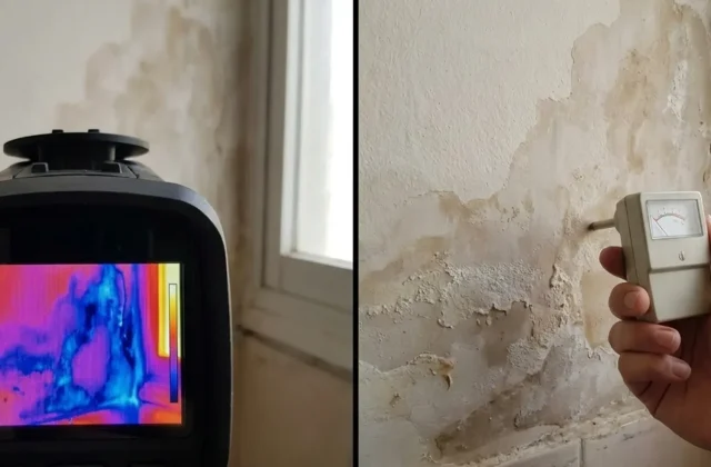 צילום מפוצל. צד ימין: יד המחזיקה מד לחות פשוט על קיר. צד שמאל: טכנאי עם מצלמה תרמית המכוונת לאותו קיר, ומראה את התמונה התרמית