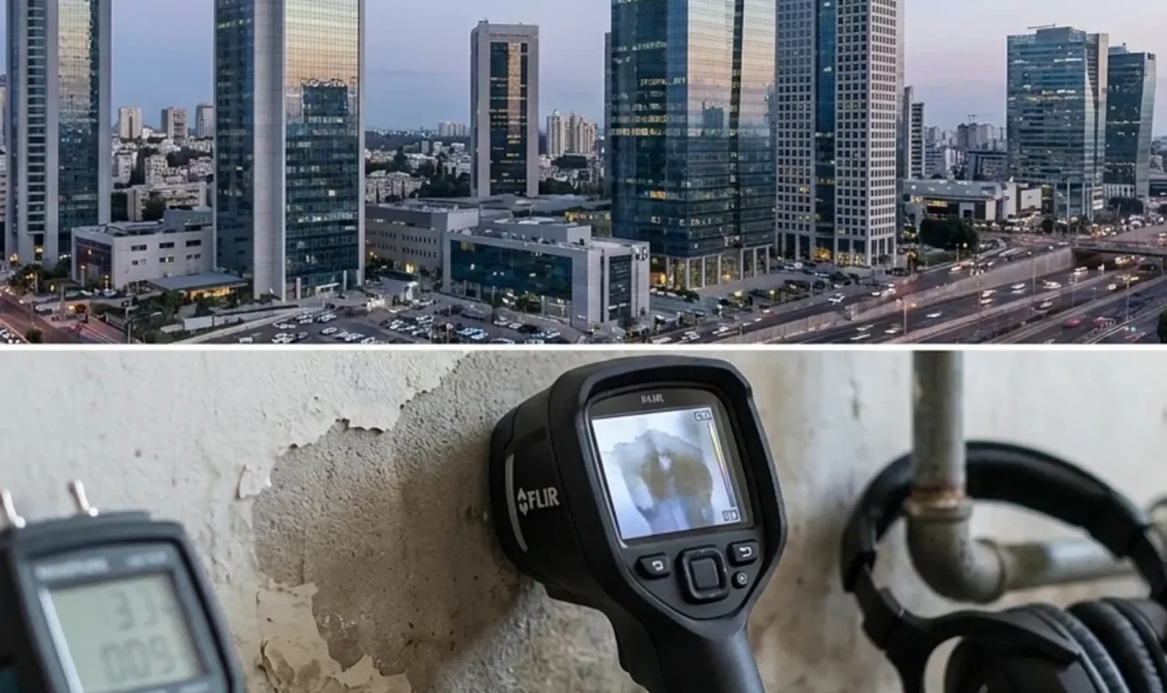 קולאז' של קו הרקיע של רמת גן (אזור הבורסה) עם צילום של ציוד איתור נזילות.