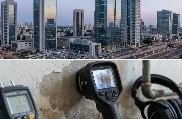 קולאז' של קו הרקיע של רמת גן (אזור הבורסה) עם צילום של ציוד איתור נזילות.