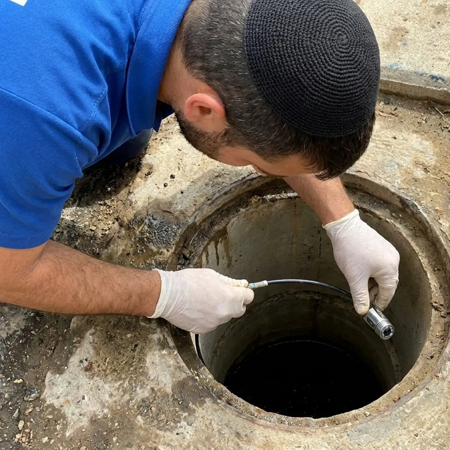 צילום מקרוב מציאותי של טכנאי ישראלי חובש כיפה בבגדי עבודה כחולים, מחזיק ומכוון ציוד רובוטי קטן עם כבל לצורך החדרה לתוך פתח צינור ניקוז, בסביבת עבודה אמיתית ומוארת טבעית
